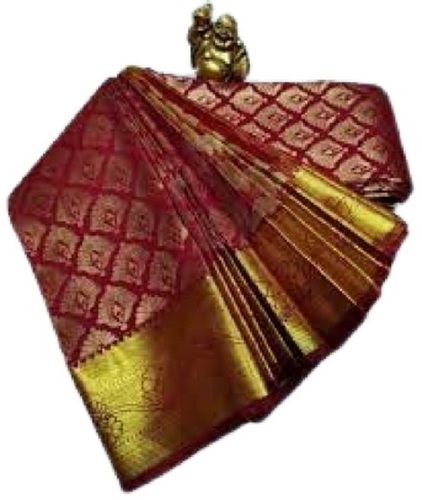 Summer Ladies Golden Zari Dark Red Printed Bridal Silk Sarees