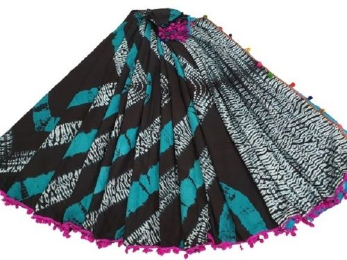 Summer Ladies Printed Patch Work Casual Wear Black With Blue Cotton Saree