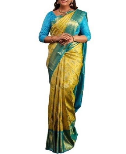 Summer Ladies Printed Pattern Yellow With Blue Traditional Wear Silk Saree