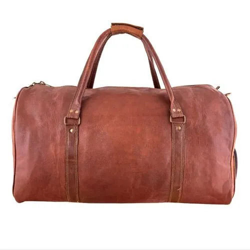 Brown Light Wight Rectangular Plain Dyed Designer Leather Duffle Bag