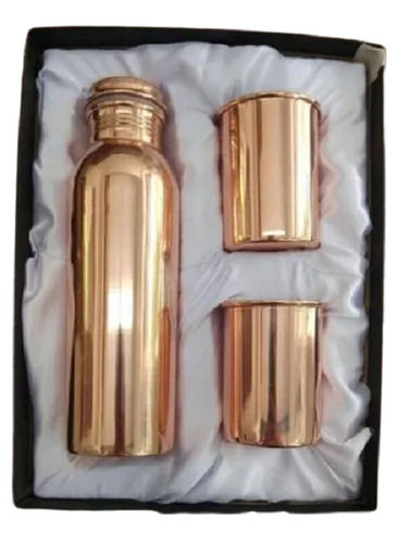 Round Glossy Finish Anti-Bacterial Pure Copper Bottle And 2 Glass Gift Set