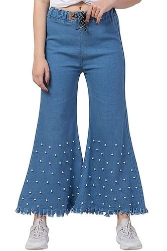 Blue Washable Party Wear Plain Dyed Designer Denim Bottom Jeans For Ladies 