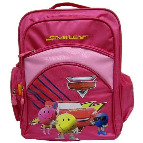 Pink Washable Polyester Printed Kids School Bag With Zipper Closure