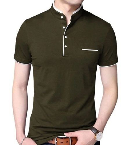 Dark Green Cotton Made Plain Pattern Short Sleeve Casual Wear T Shirt For Men