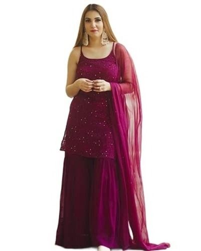 Dark Pink Skin Friendly Sleeveless Party Wear Georgette Sharara Suit With Dupatta