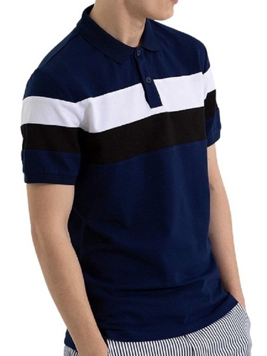 Striped Pattern Short Sleeve Polo Collar Neck Breathable Cotton T-Shirt for Men - XL Size, Blue Color | Ideal for Summer Casual Wear