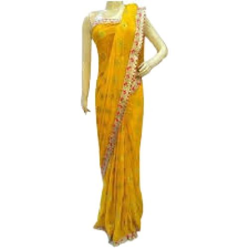 Yellow Zari Work Party Wear Chiffon Saree With Blouse For Ladies 