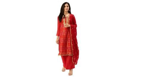 Red Breathable And Comfortable Polyester 3/4 Sleeves Unstitched Silk Suits 