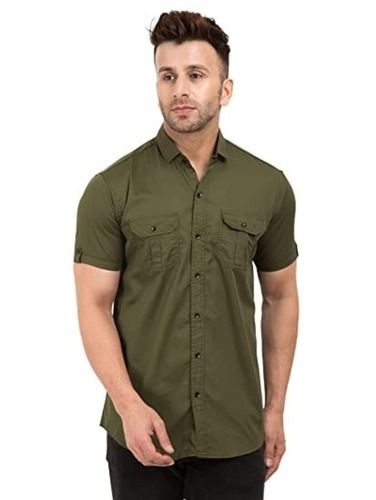 Green Breathable And Lightweight Button Closure Half Sleeves Shirt For Mens