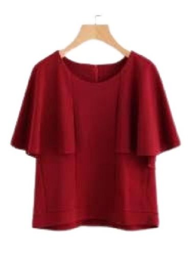 Dark Red Casual Wear Breathable Skin-Friendly Boat Neck Half Sleeve Plain Cotton Top For Ladies