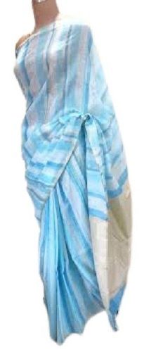 Blue Casual Wear South Style Striped Cotton Saree For Ladies With Blouse Piece