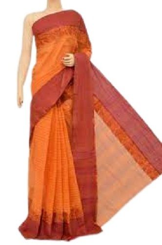 Orange With Brown Daily Wear Comfortable Skin-Friendly Plain Cotton Saree For Ladies