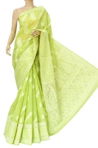 Green Party Wear Stylish Comfortable Embroidered Cotton Saree For Ladies