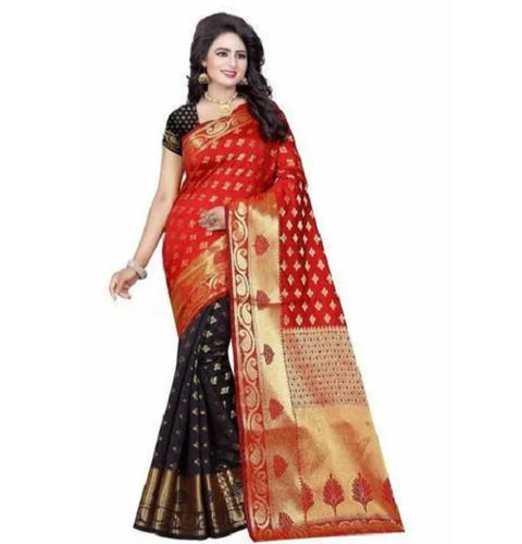 Red Ladies Zari Work Silk Banarasi Saree With Blouse Piece