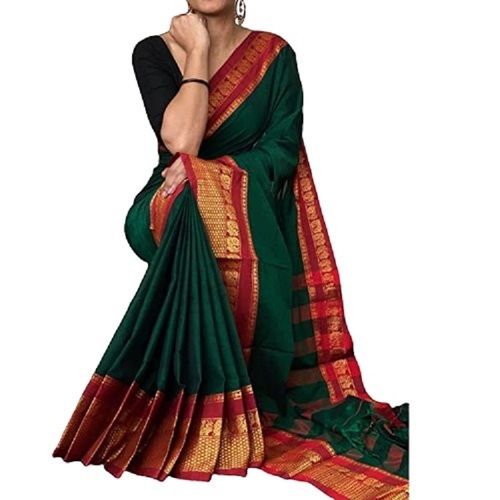 Lightweight And Comfortable Plain Green Casual Wear Cotton Saree