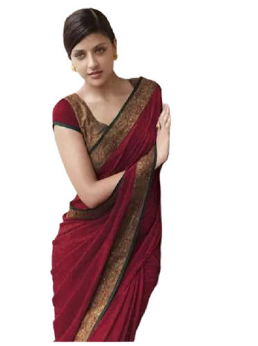 Maroon Party Wear Zari Work Plain Polyester Indian Saree 