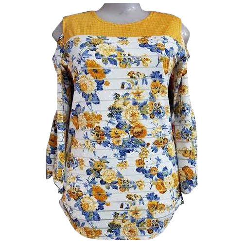 Multicolor Casual Wear Long Sleeve Round Neck Printed Cotton Fancy Tops For Ladies