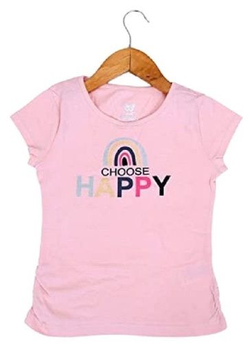 Girls Casual Wear Cotton Short Sleeves Round Neck Pink Printed Tops