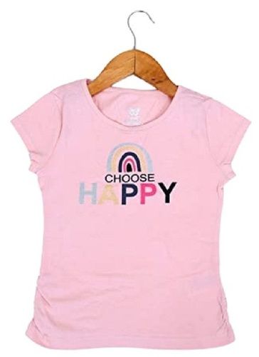 Girls Casual Wear Cotton Short Sleeves Round Neck Pink Printed Tops Length: 40  Centimeter (Cm)