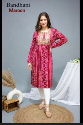 Party Wear Bandhani Printed Ladies Kurti With Full Sleeves