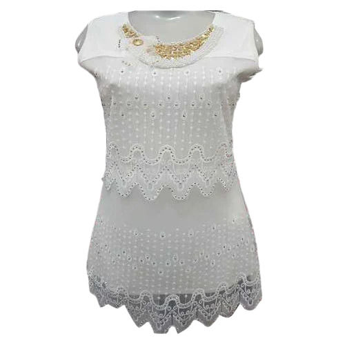 White Party Wear Sleeveless Round Neck Plain Cotton Fancy Tops For Ladies