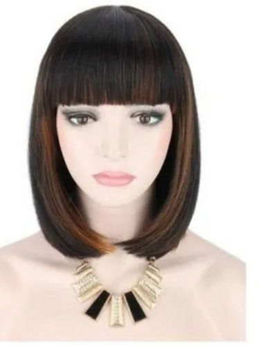 Black 12 Inches Long Straight Synthetic Human Hair Wigs 