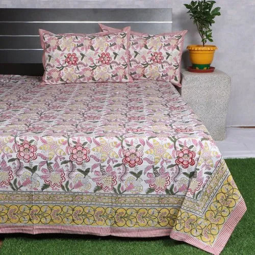 Hand Block Printed Cotton Double Bedsheet For Home And Hotel