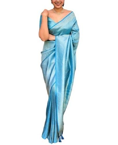 Blue Ladies Plain Bridal Wear Golden Embroidered Work Beautiful Silk Saree