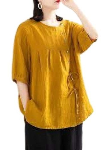 Yellow Ladies Soft And Comfortable Plain Half Sleeves Casual Wear Cotton Tops