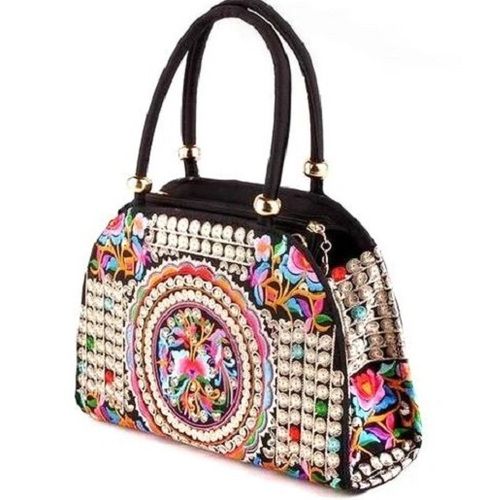 Multicolor Rectangular Pu Lining Embroidered Ladies Bag