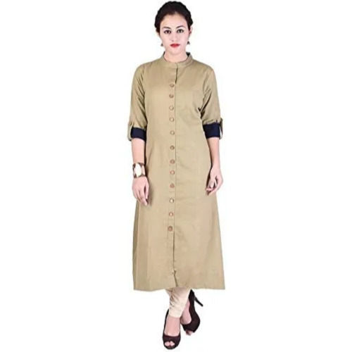 Grey 3By 4Th Sleeves Casual Wear Cotton Plain Kurta For Ladies