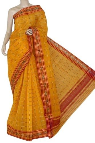 Yellow Banarasi Style Light Weight Breathable Anti-Wrinkle Printed Cotton Saree For Ladies