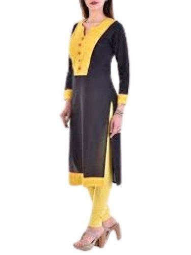 Black With Yellow Breathable Skin-Friendly Plain 3-4Th Sleeve Cotton Kurti For Ladies