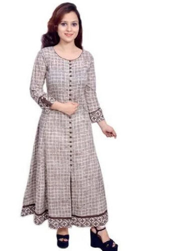 Casual Wear 3-4Th Sleeves Checked Cotton Long Kurti For Ladies  Bust Size: 32 Inch (In)