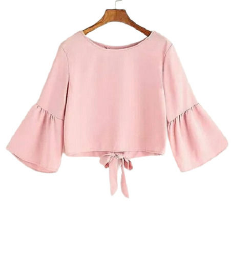 Light Pink Full Sleeves Round Neck Plain Dyed Poly Cotton Crop Top For Ladies