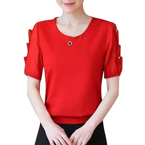 Red Round Neck Short Sleeves Simple Plain Cotton Tops For Ladies