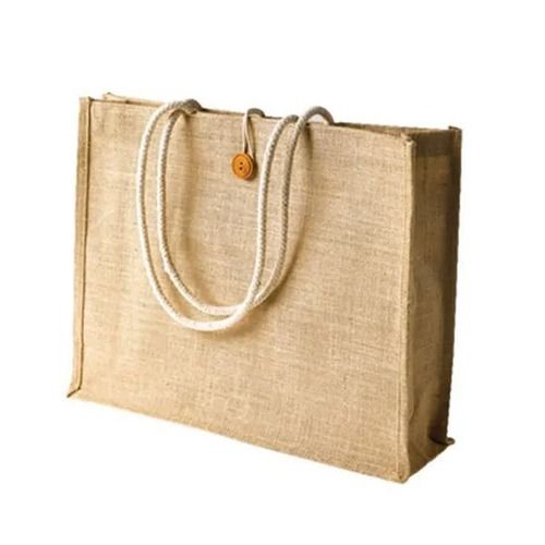 Cream 14X11X4 Inches Rectangular Plain Jute Canvas Bag With Button Closure 