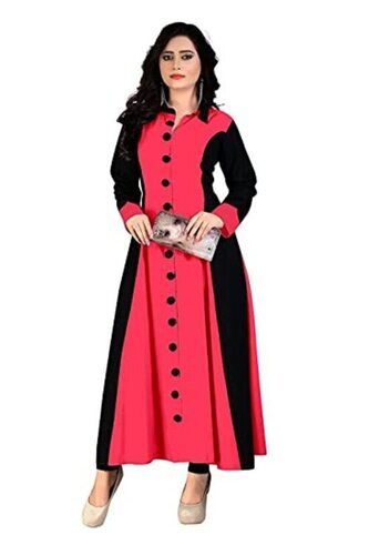 Pink And Black Comfortable Round Neck Full Sleeves Party Wear Fancy Kurti For Ladies