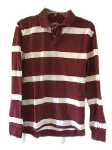 पुरुषों के लिए सफेद फ़ेड फ़्री स्ट्रिप्ड पैटर्न के साथ मैरून फुल स्लीव पोलो कॉलर कॉटन टी-शर्ट