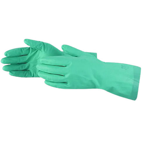 Light Green 15 Inches Waterproof Full Fingered Plain Nitrile Hand Gloves For Unisex Use