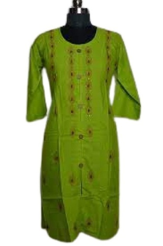 Anti-Wrinkle Round Neck 3-4Th Sleeve Embroidered Cotton Kurtis Bust Size: 42 Inch (In)