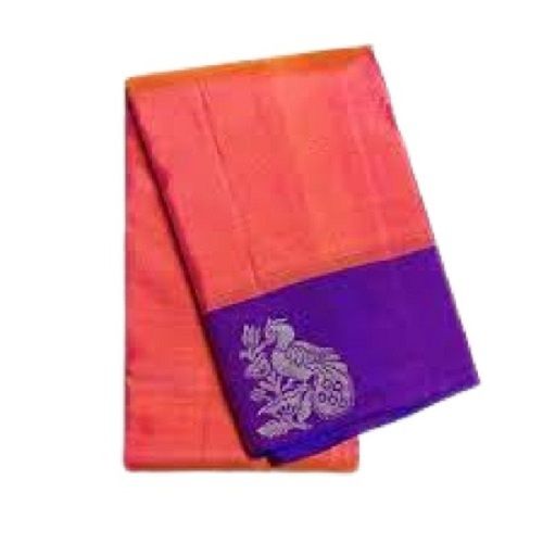 Peach With Purple Classy Breathable Comfortable Plain Silk Saree For Ladies