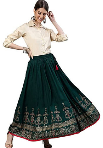 Green Traditional Party Wear Rayon Fabric Long Skirt For Women