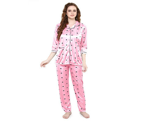 Pink 3By 4Th Sleeves Printed Satin Night Suit For Womens 