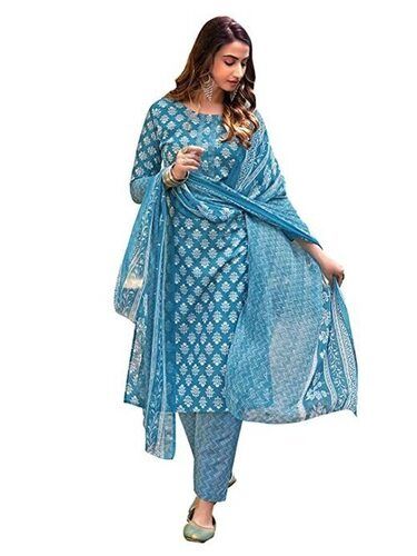 Casual Wear Long Sleeve Round Neck Printed Cotton Ladies Salwar Suit With Dupatta