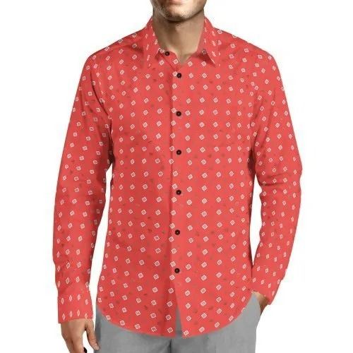 Red Casual Wear Regular Fit Long Sleeve Classic Collar Printed Cotton Mens Shirt