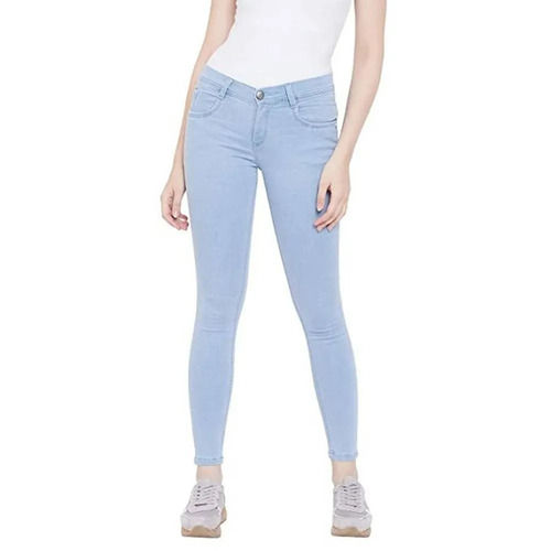 Sky Blue Casual Wear Slim Fit Ankle Length Plain Dyed Straight Denim Jeans For Ladies