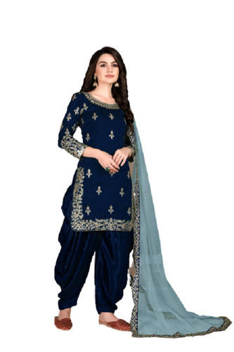 Party Wear 3/4th Sleeve Round Neck Embroidered Cotton Silk Ladies Suit With Dupatta