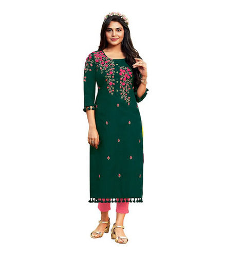 Party Wear 3By 4Th Sleeve Cotton Embroidered Kurtis For Ladies  Bust Size: 32 Inch (In)