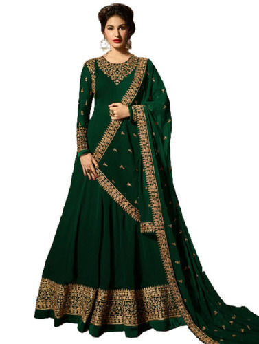 Green Party Wear Long Sleeve Round Neck Embroidered Georgette Ladies Fancy Suit